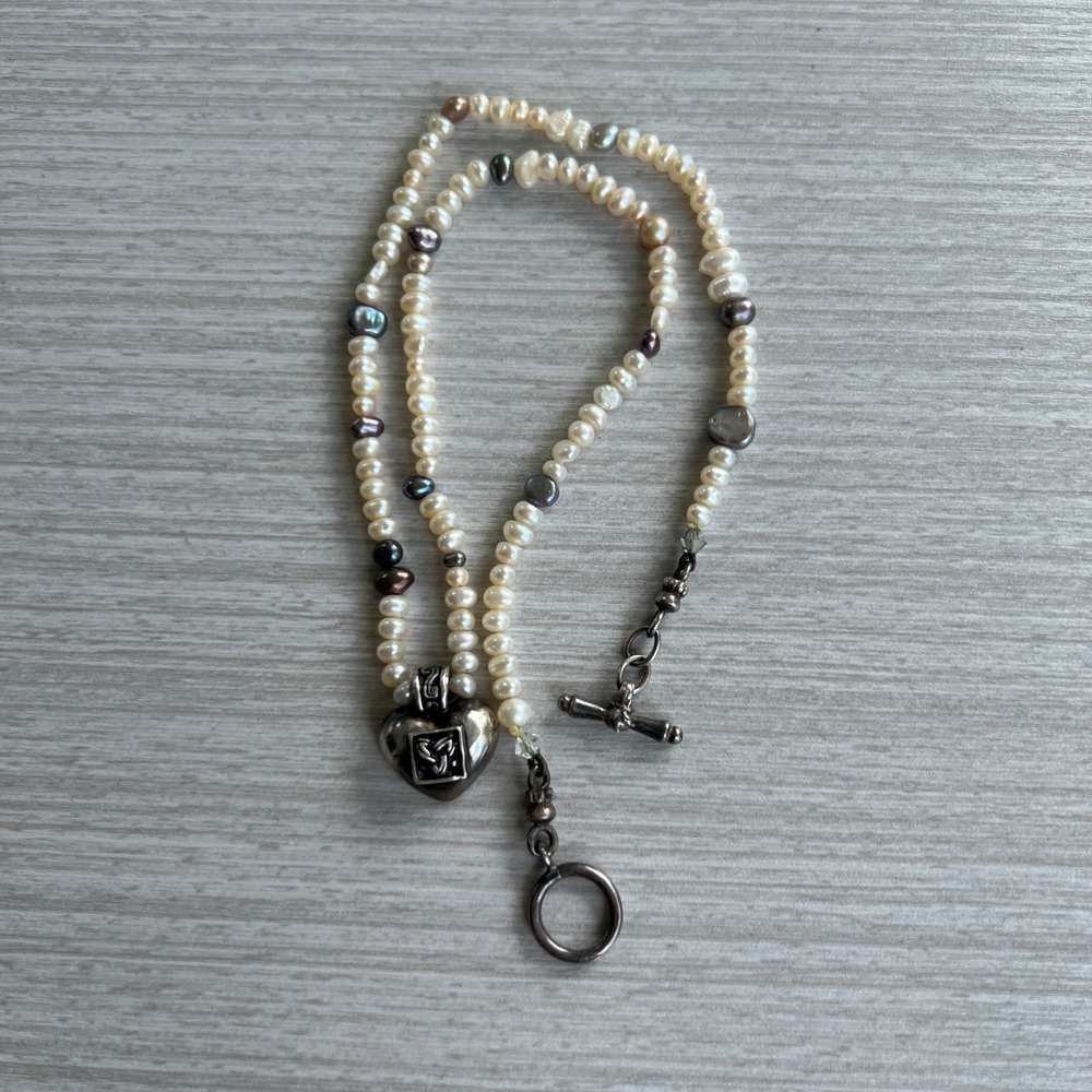 Sterling Silver Celtic Heart Freshwater Pearl Toggle Necklace White Iridescent - Picture 2 of 7